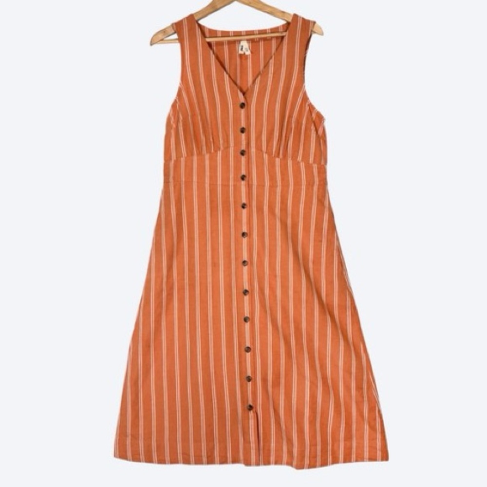 Pact Striped Orange Sleeveless Organic Linen Dress (M)